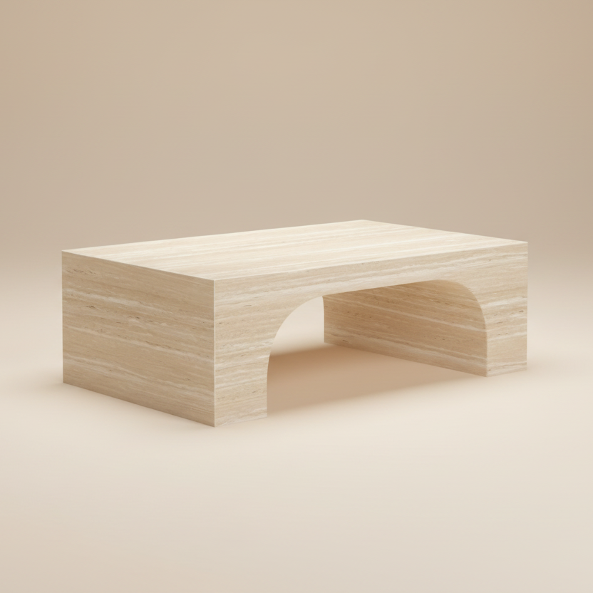 u209wjRectangular Elio Travertine Coffee Table featuring a modern arch base and smooth beige stone-look finish