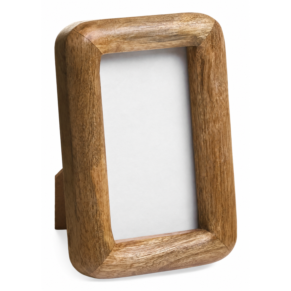 A rectangular wooden picture frame with rounded corners and a small matching wooden easel stand, shown on a clean white background.