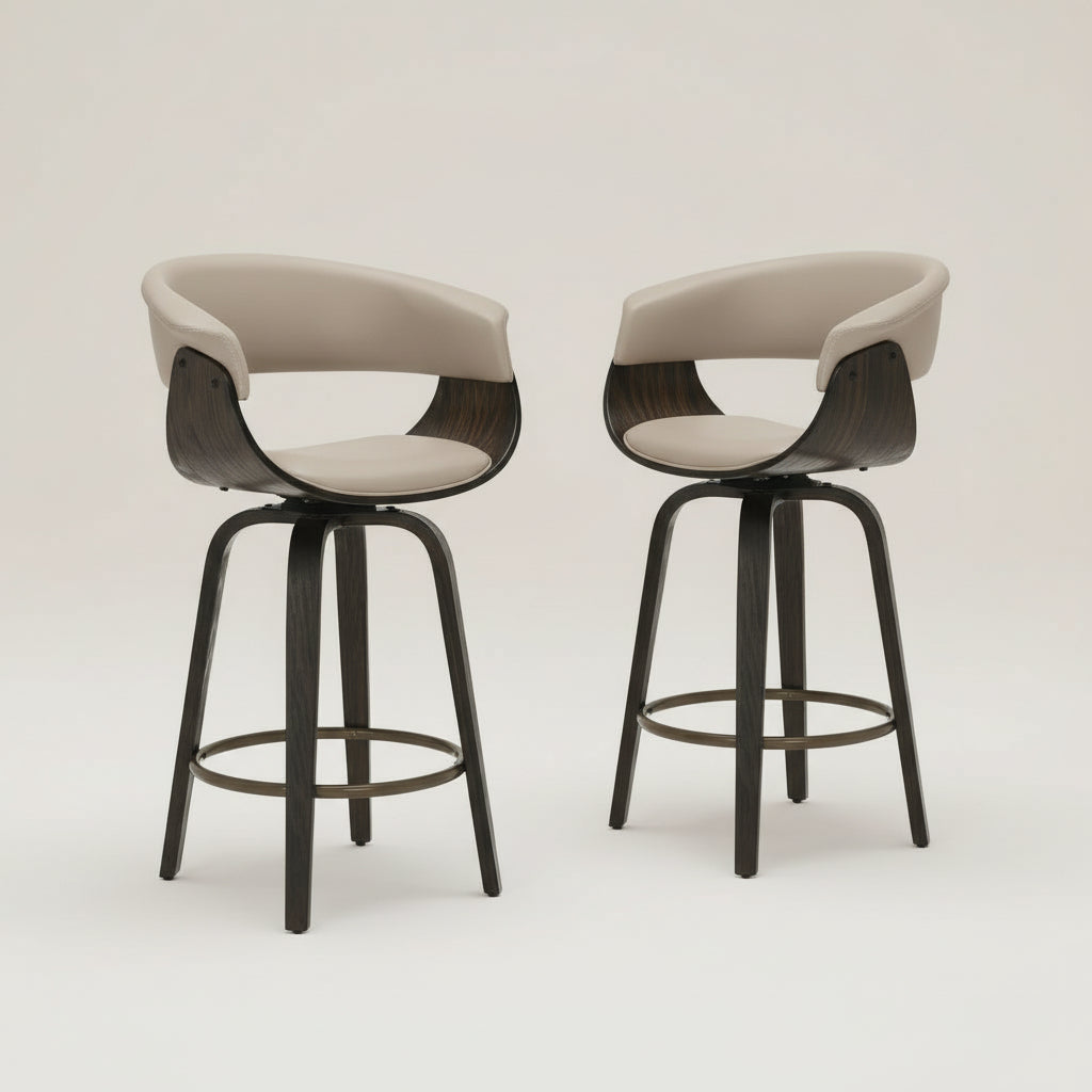 Two modern bar stools with beige seats and black frames on a white background