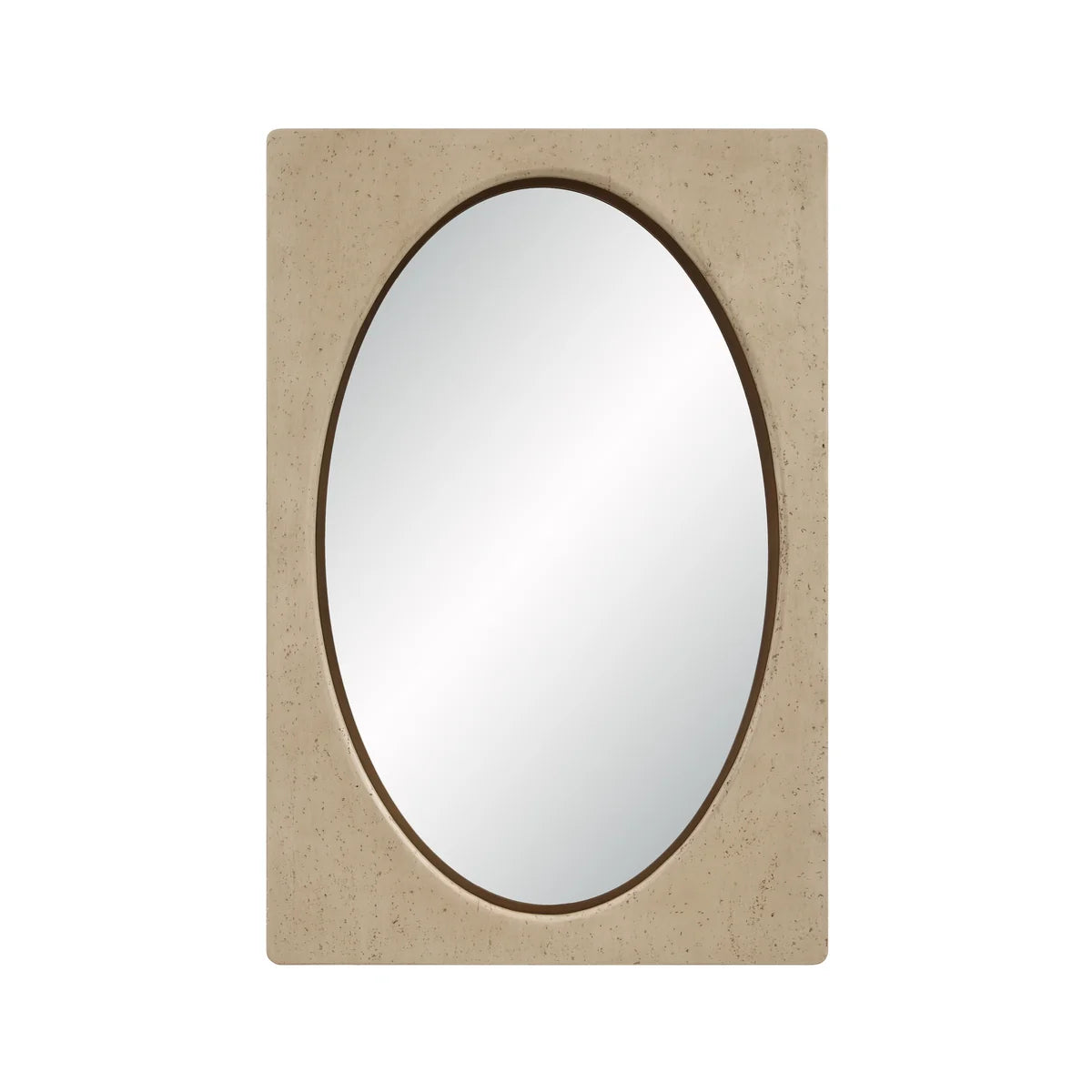 Front view of the Adeline Faux Travertine Wall Mirror with an inset oval mirror and rectangular beige travertine-look frame.