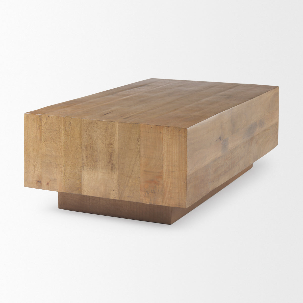 Rear angled view of the Aero coffee table displaying the seamless block design and warm wood tones.