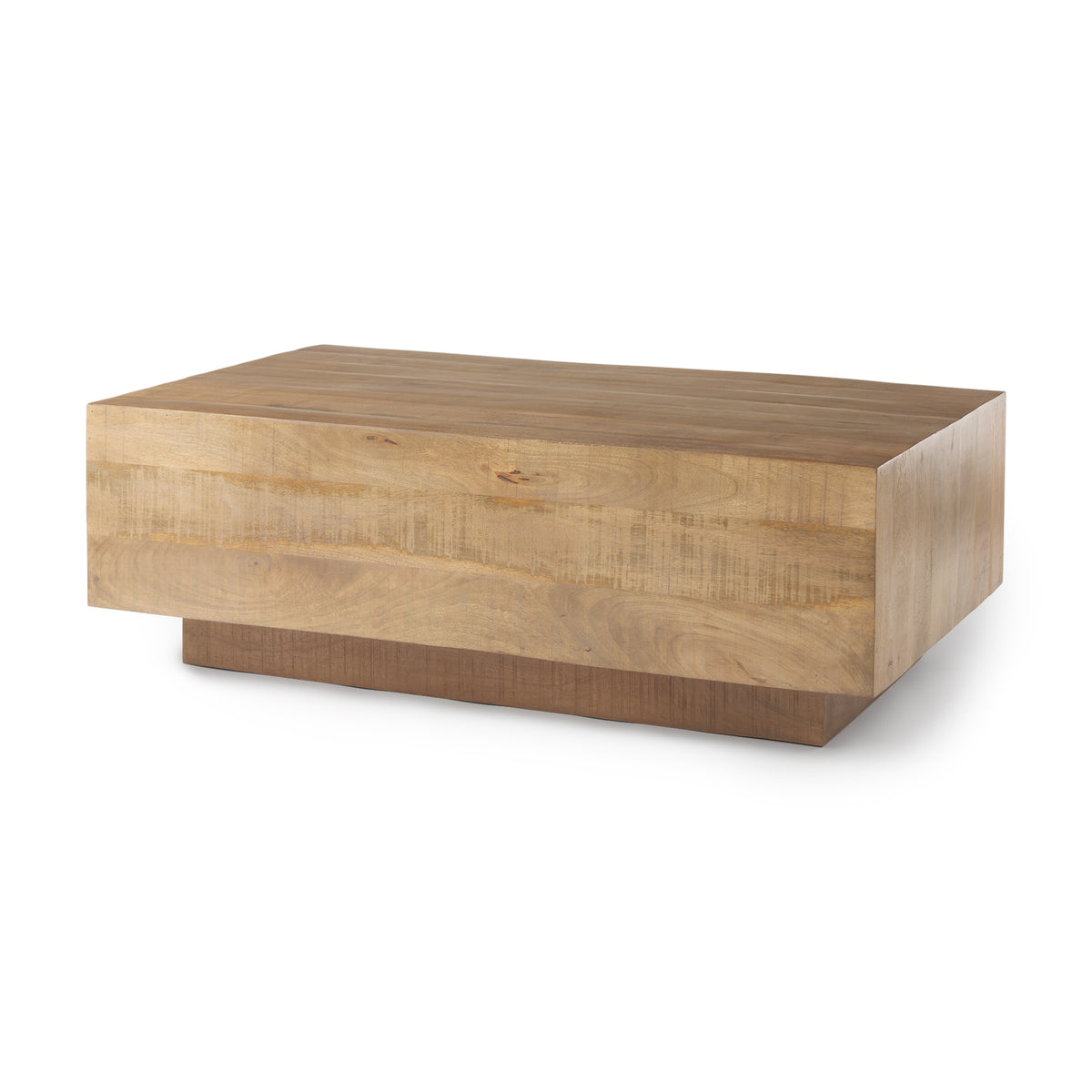 Angled view of the Aero coffee table showing its sturdy rectangular block shape and natural wood grain variation.