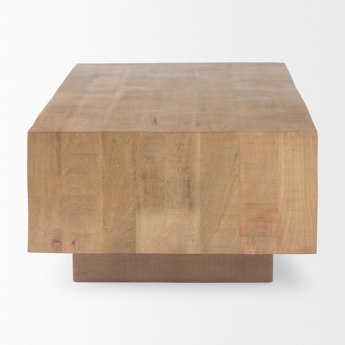Side profile view of the Aero block coffee table showing the thick solid wood construction and straight lines.