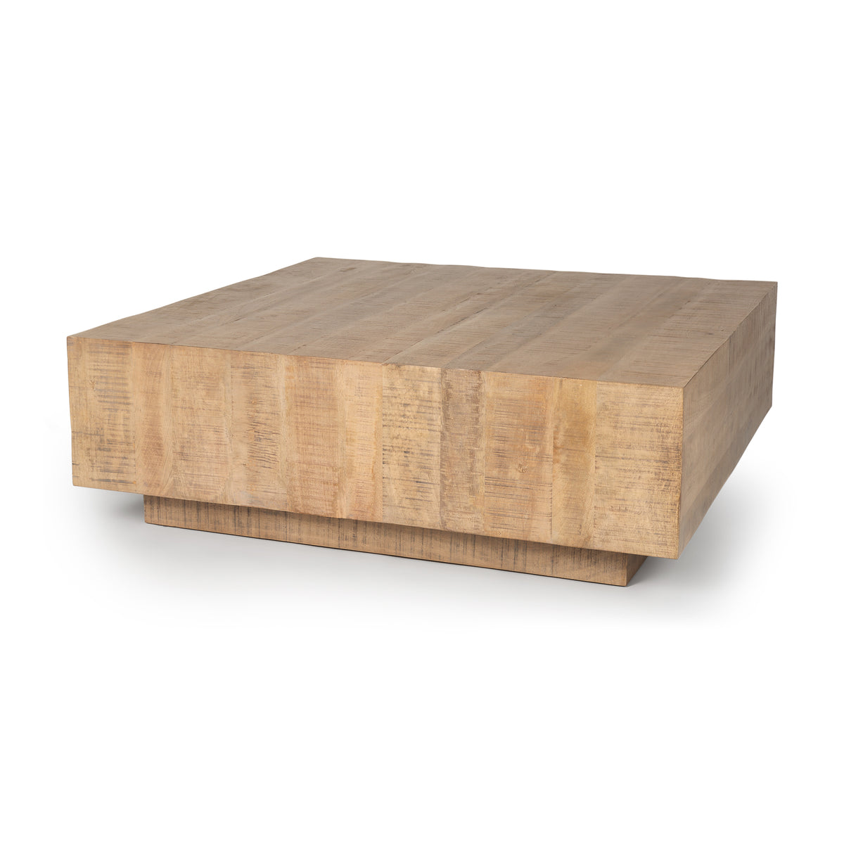 Three-quarter studio view of the Aero square coffee table highlighting the floating effect of the recessed plinth base.