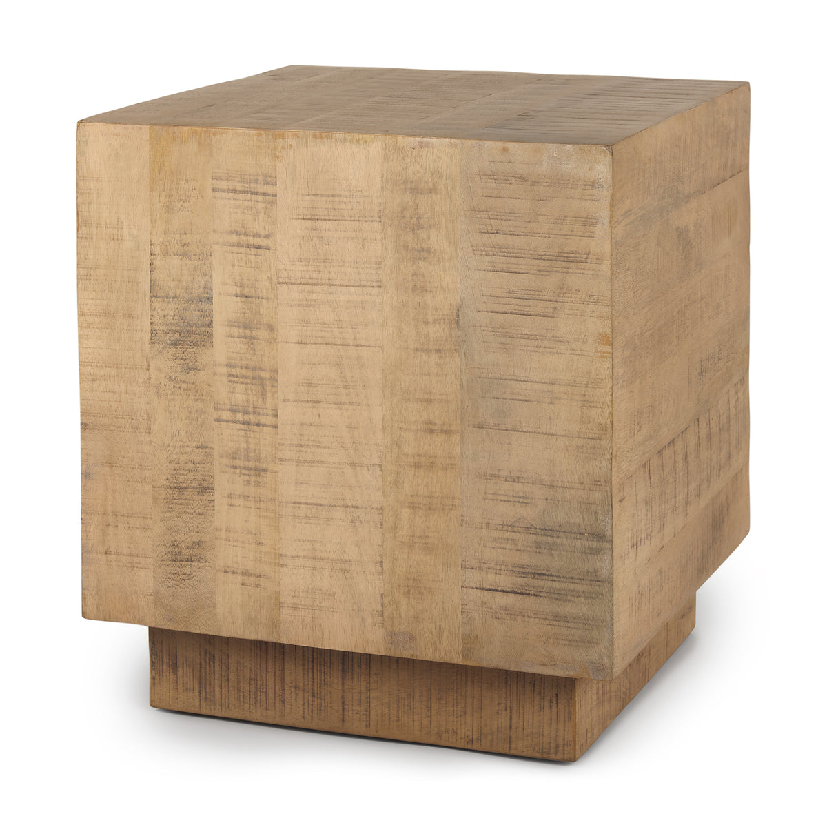 Wooden cube-shaped side table on a white background