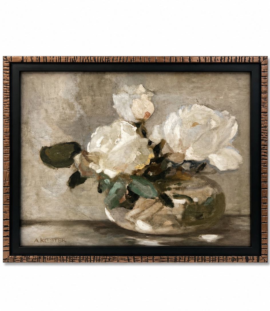 Framed painting of white flowers in a glass vase on a textured background