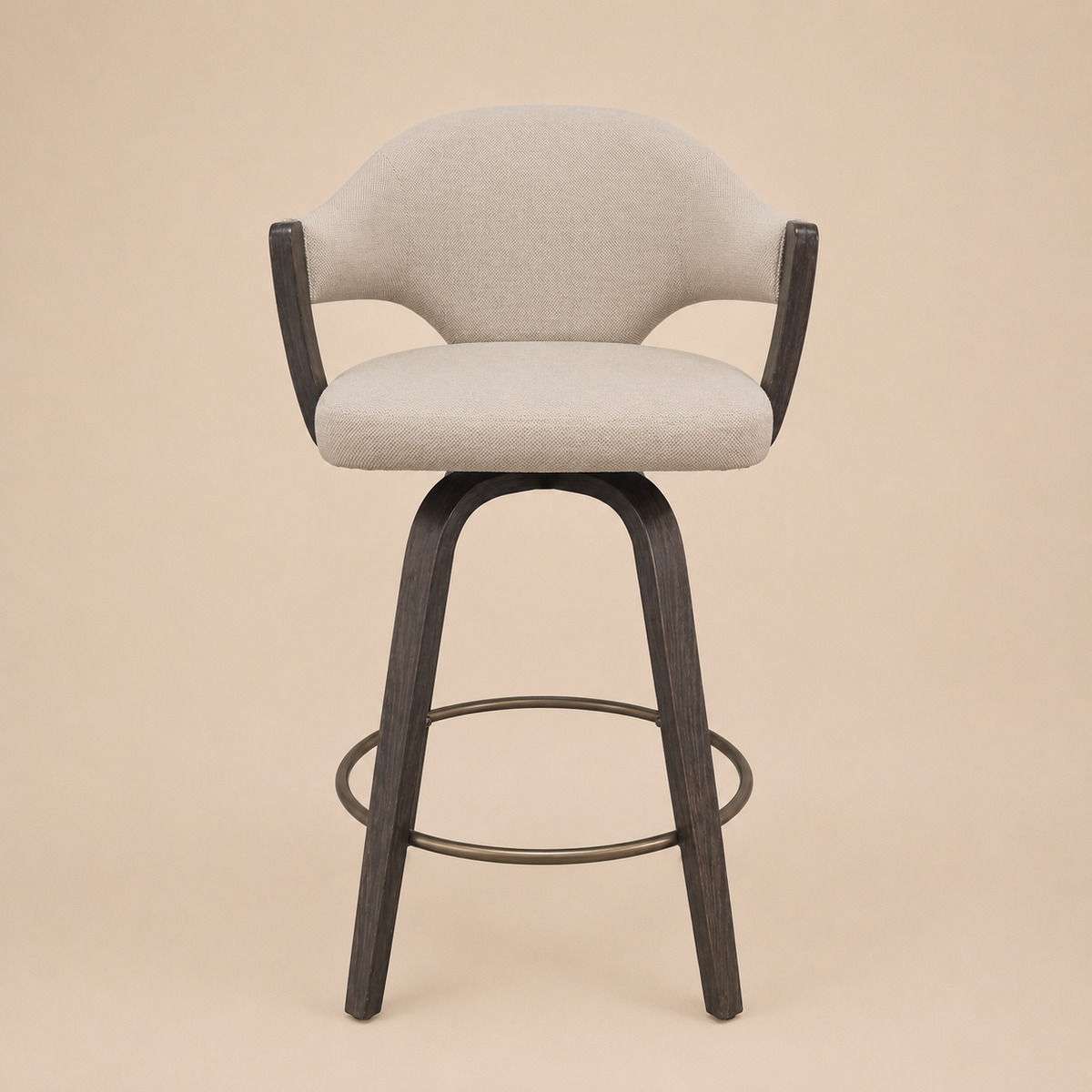 Front view of the Alden 26-inch Swivel Counter Stool with neutral upholstery and black wood frame