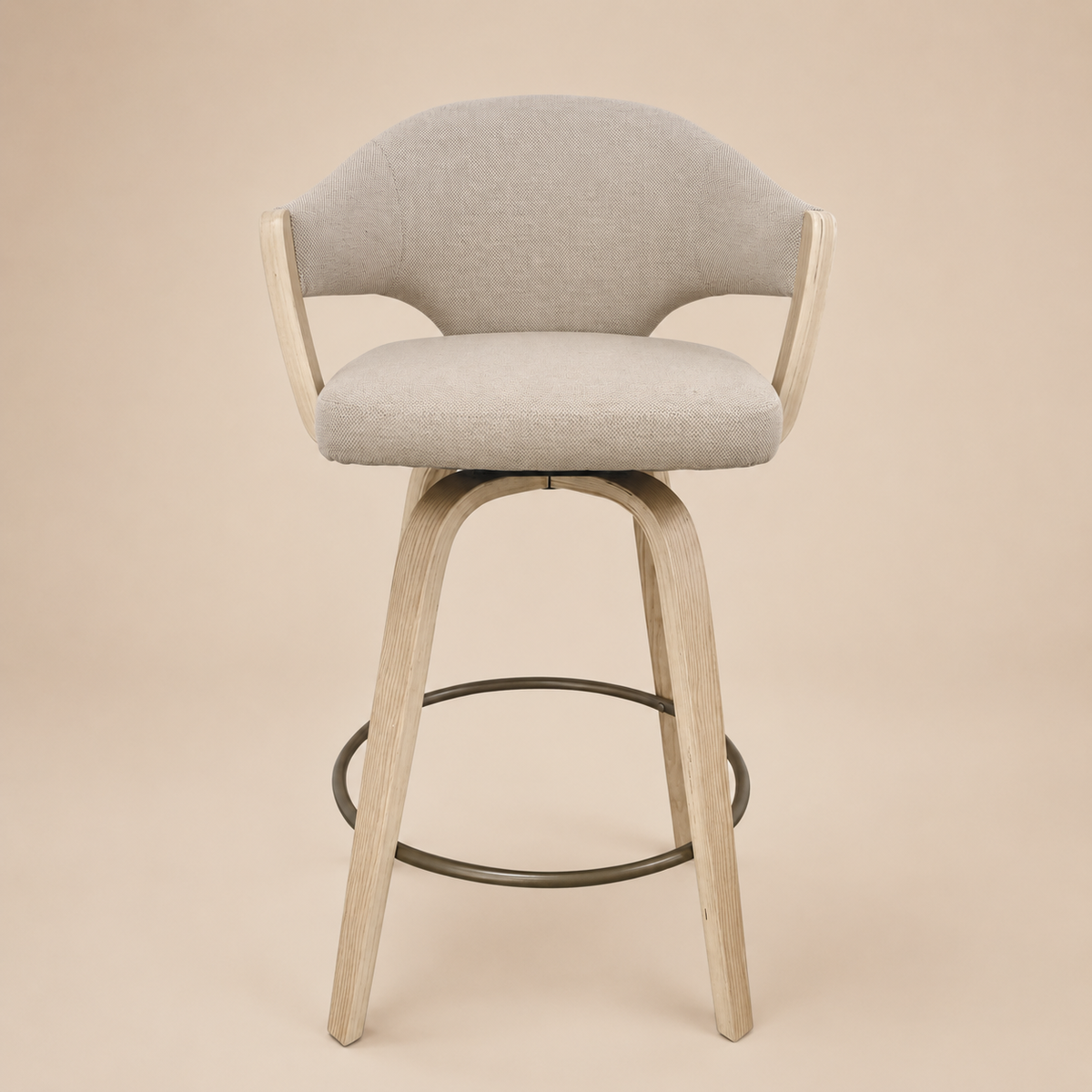 Front view of the Alden Swivel Counter Stool with neutral upholstery and natural wood frame