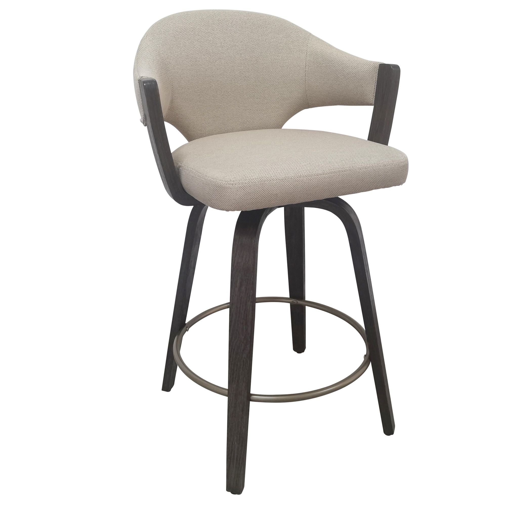 Bar stool with beige cushioned seat and dark wooden legs