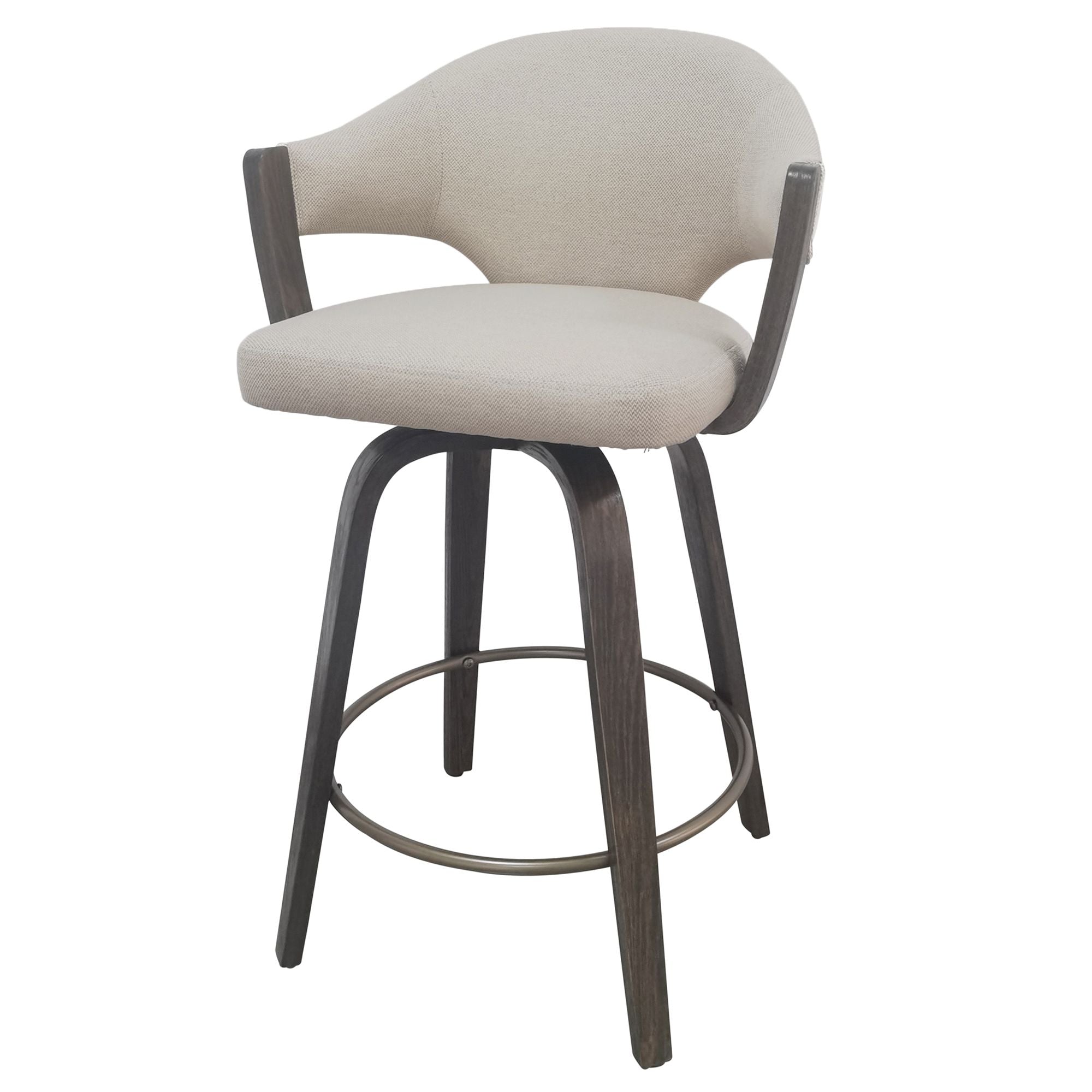 Bar stool with beige cushioned seat and dark wooden legs