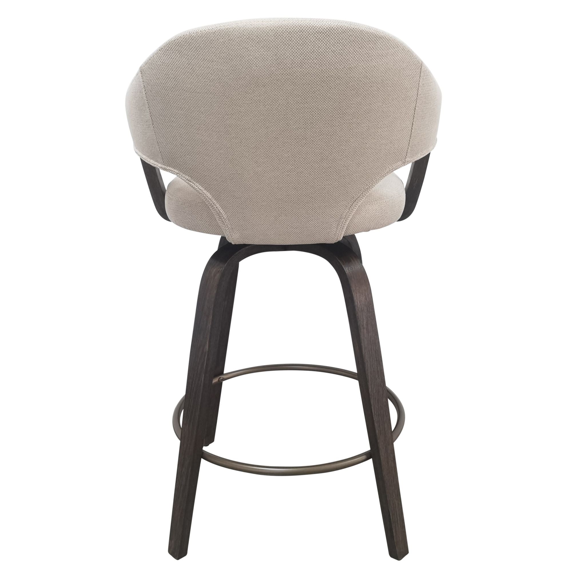 Bar stool with beige cushioned seat and dark wooden legs