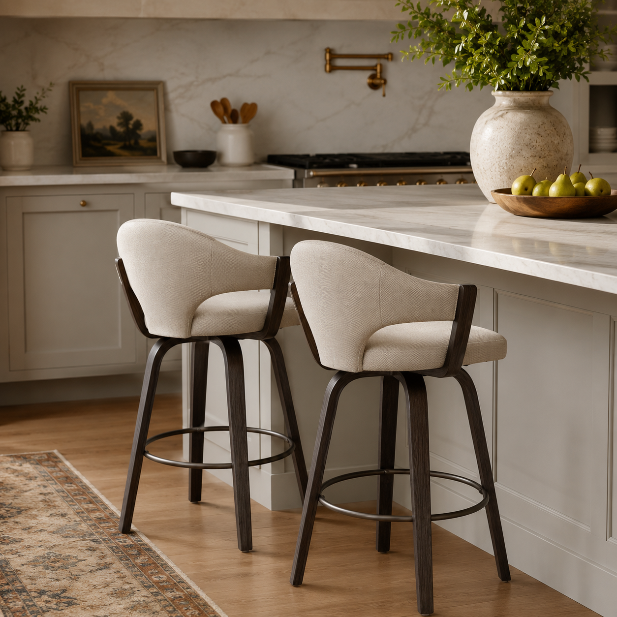 Two bar stools in a modern kitchen setting with a marble island and decorative elements.