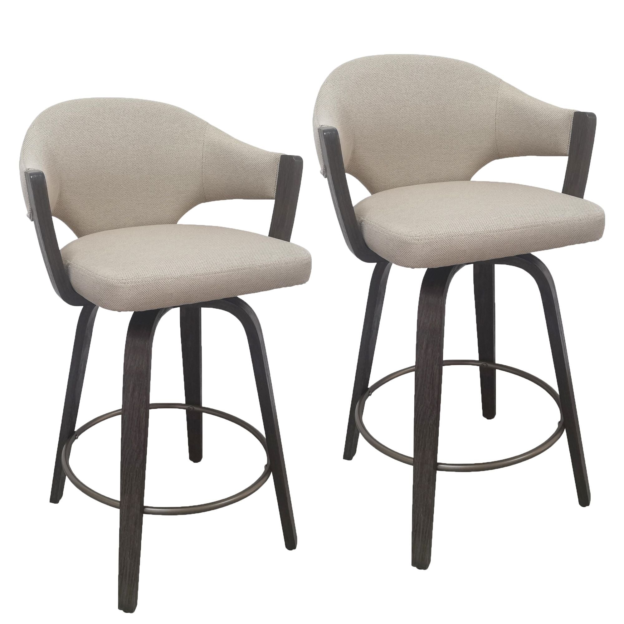 Bar stool with beige cushioned seat and dark wooden legs
