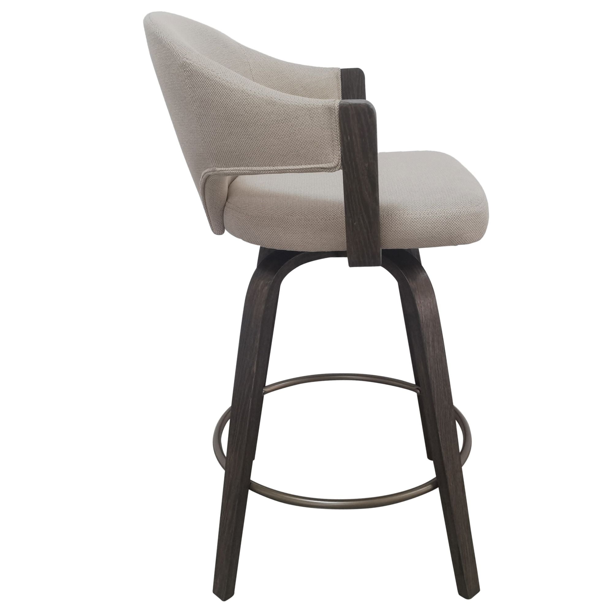 Bar stool with beige cushioned seat and dark wooden legs