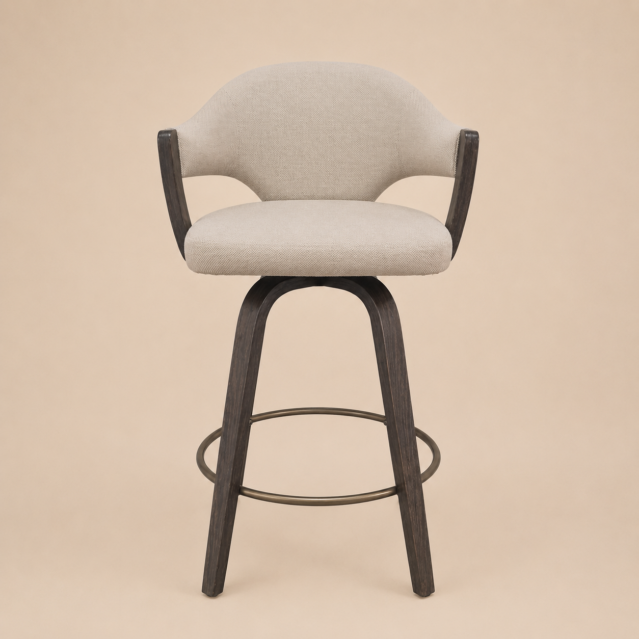 Bar stool with beige cushioned seat and dark wooden legs on a beige background