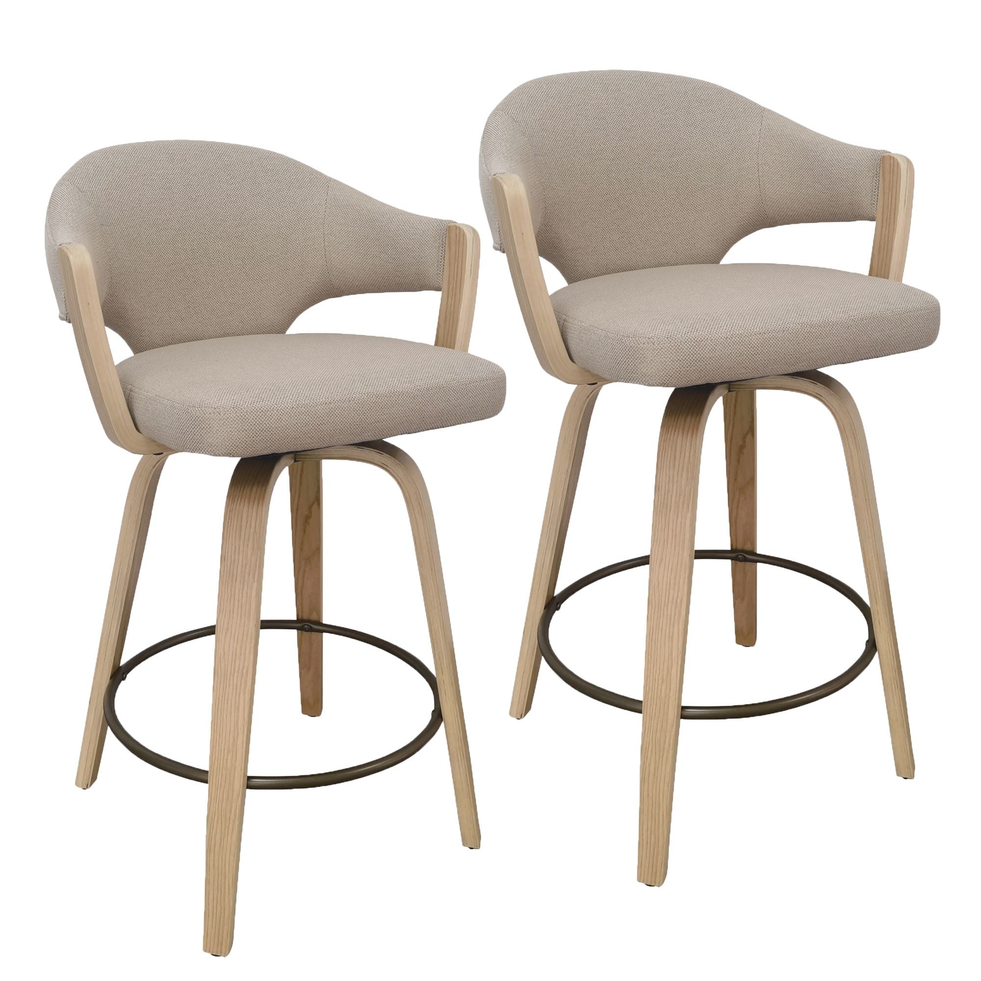 Two beige bar stools with wooden legs on a white background