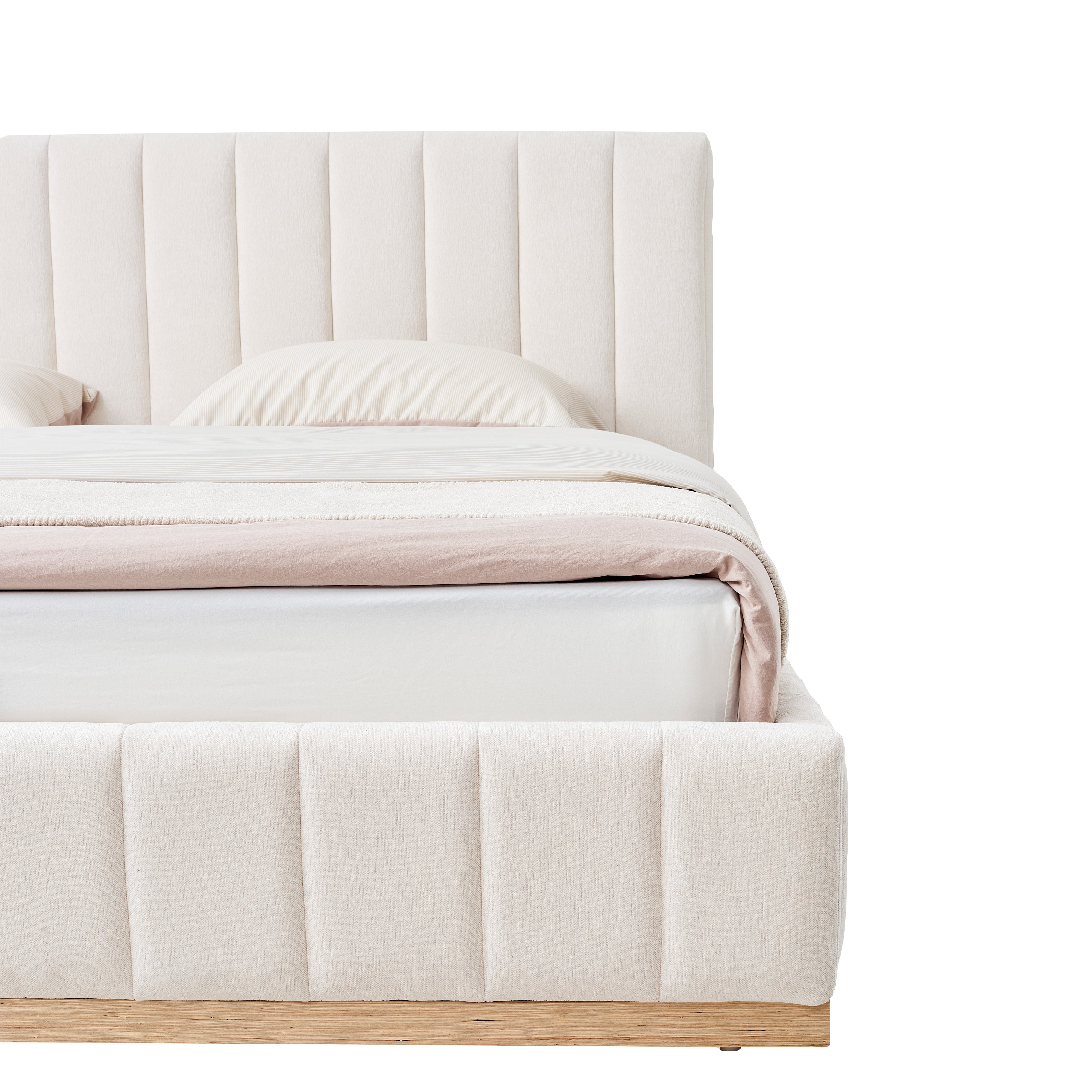 Corner detail of the Alora Beige linen bed with ash wooden frame on a white background