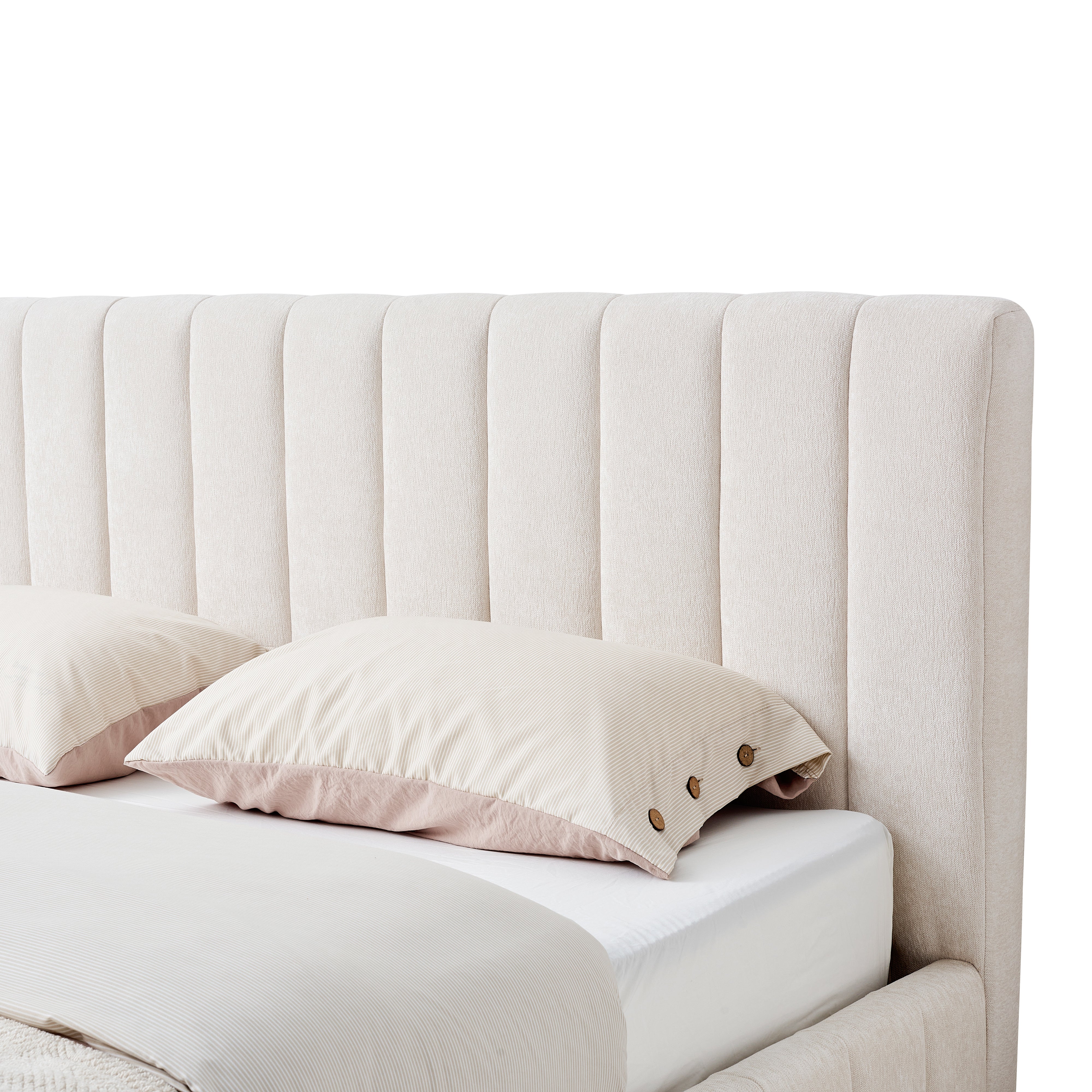 Beige tufted upholstered linen headboard on a white background