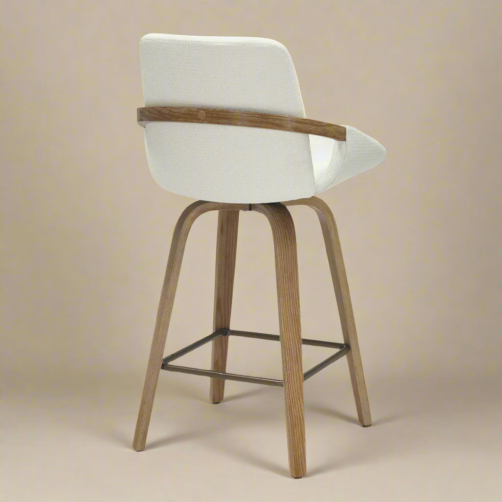 Back view of the ivory Alpine Swivel Counter Stool showing the curved wood support