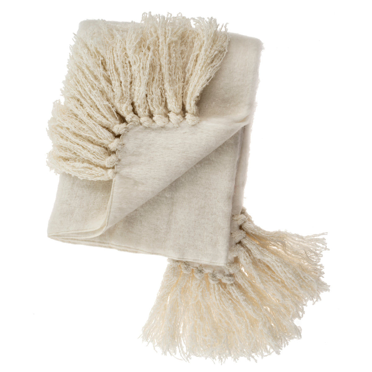 Beige throw blanket with tassels on a white background