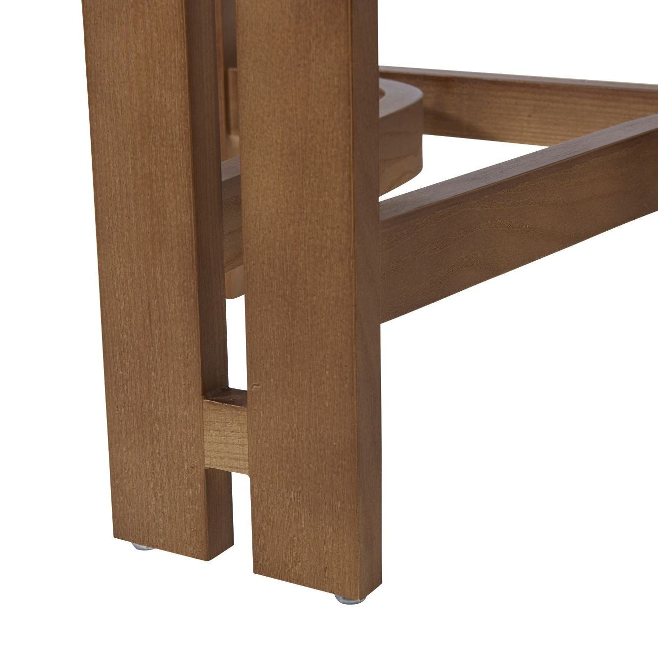 Close-up of a wooden chair frame on a white background