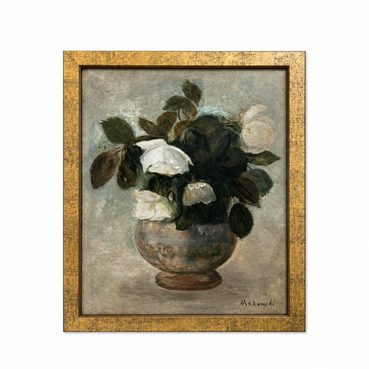 Framed painting of flowers in a vase on a white background