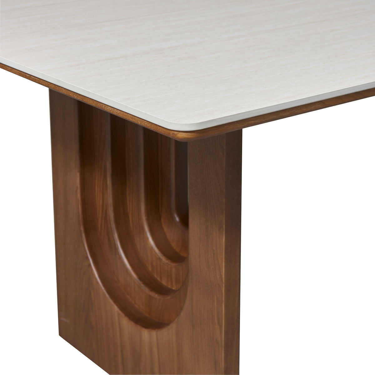 Close-up of the Arcadian Dining Table wooden table leg with a white travertine top