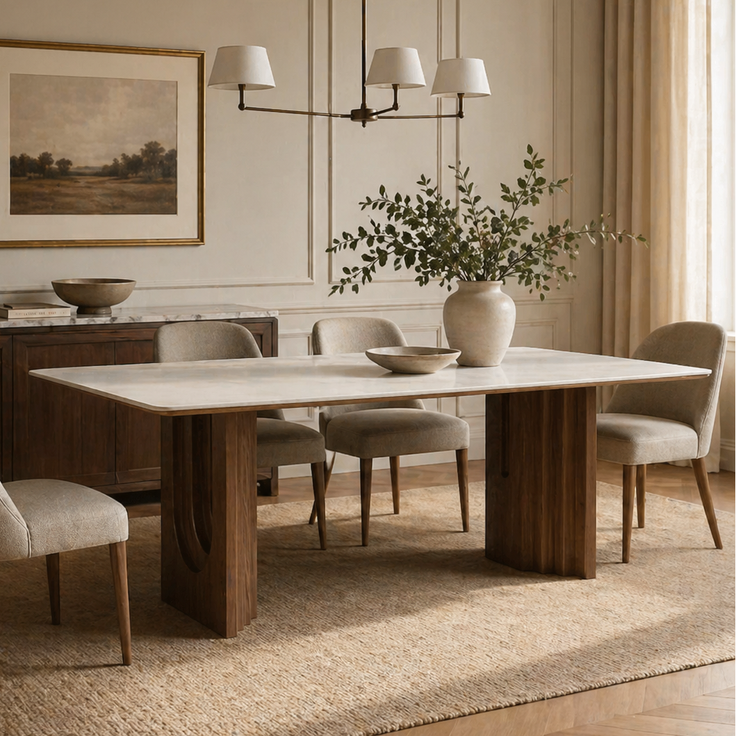 Dining room with a wooden table, chairs, and decorative elements.