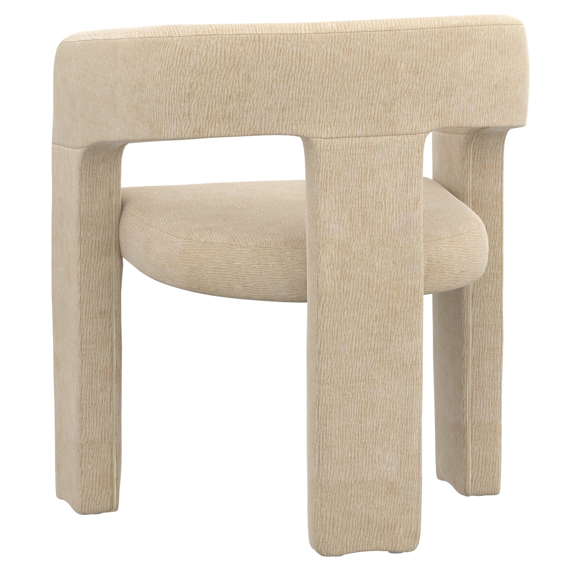 Back view of the modern Archway dining chair revealing its striking sculptural design with a thick central back leg in beige fabric.
