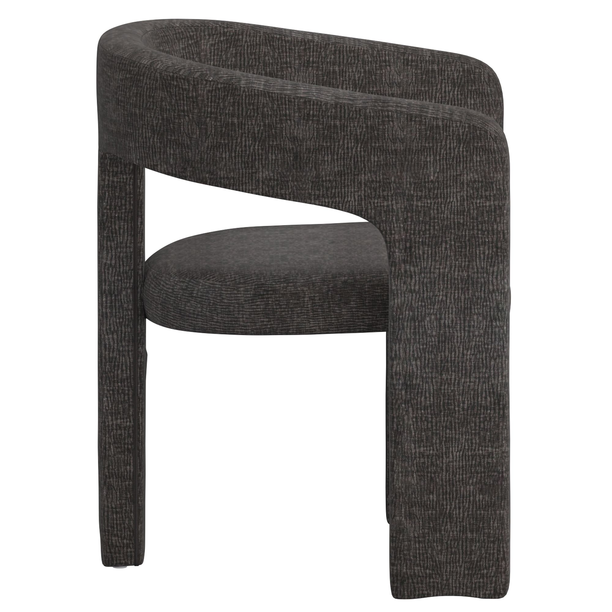 Side profile of the dark grey charcoal Archway dining chair showcasing its unique architectural leg design and continuous curved backrest.