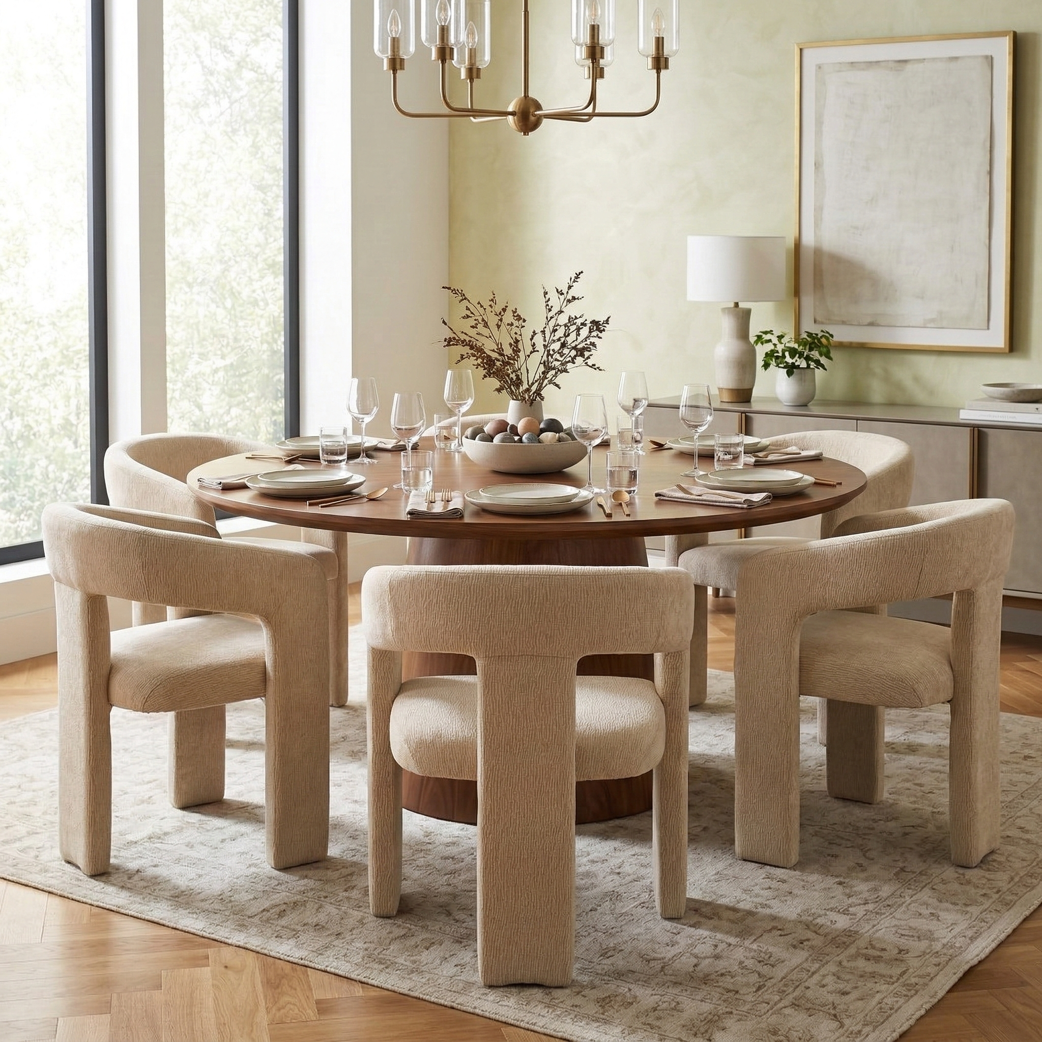 Five beige upholstered Archway dining chairs styled around a large round wooden dining table in a bright, contemporary dining room.