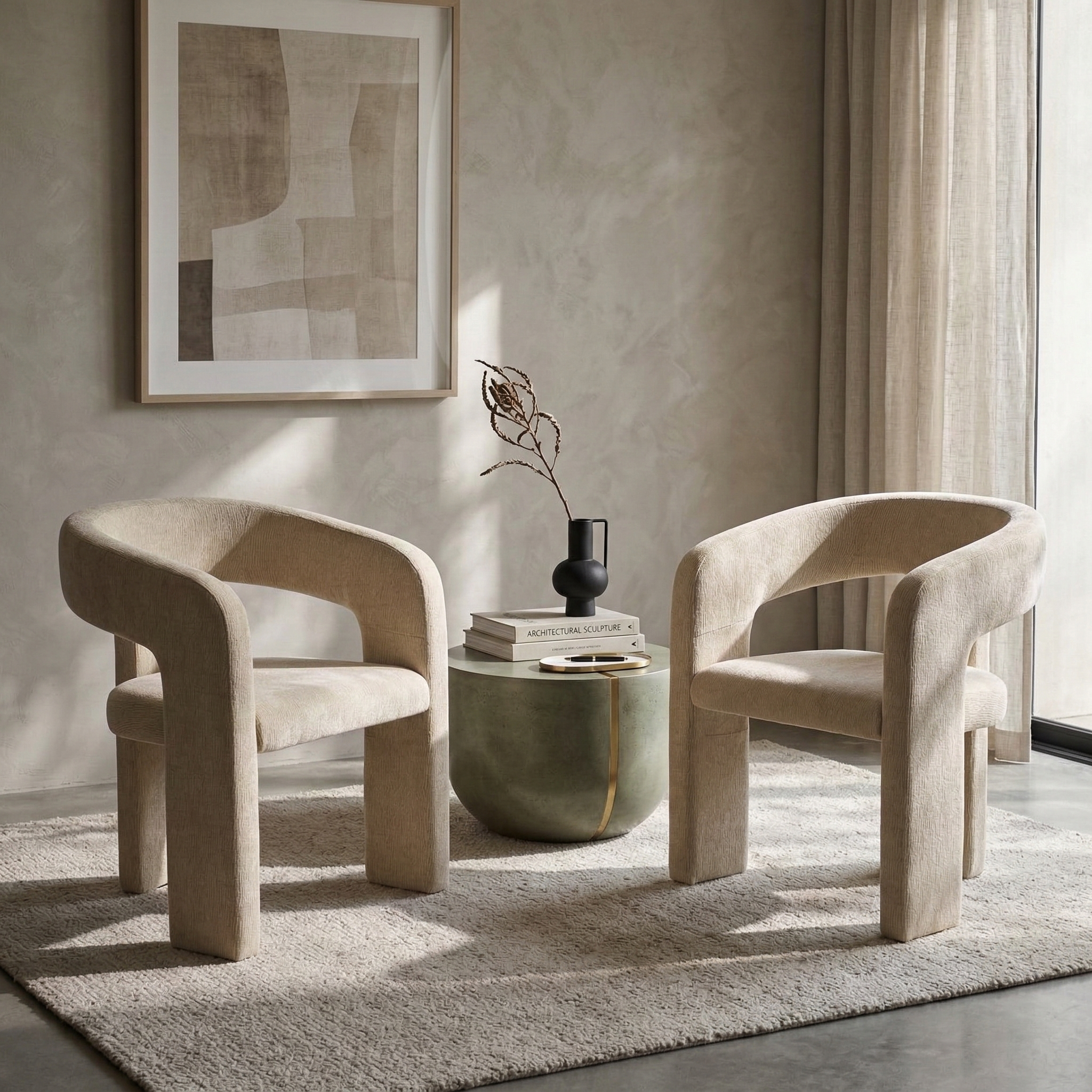 A pair of sculptural Archway dining chairs in textured beige fabric styled on a light rug next to a modern green accent table.