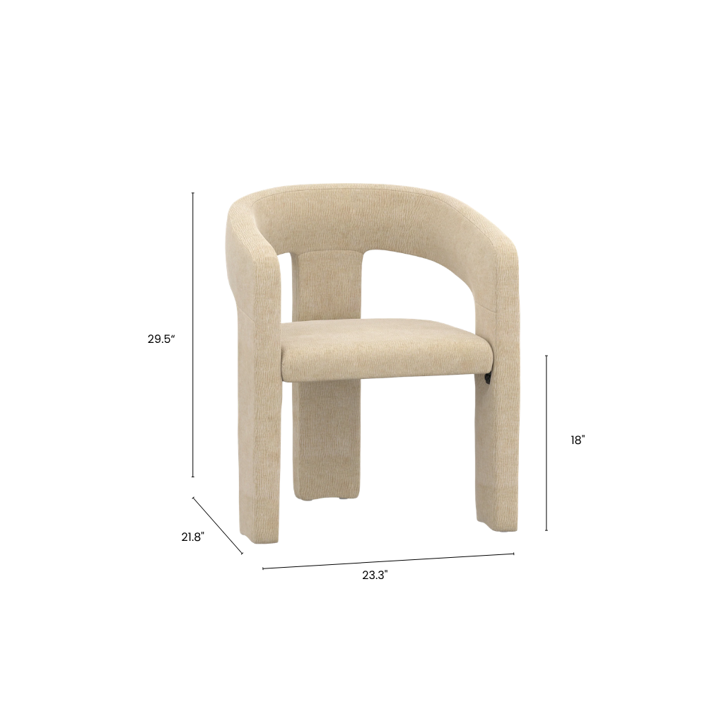 Beige chair with dimensions on a white background