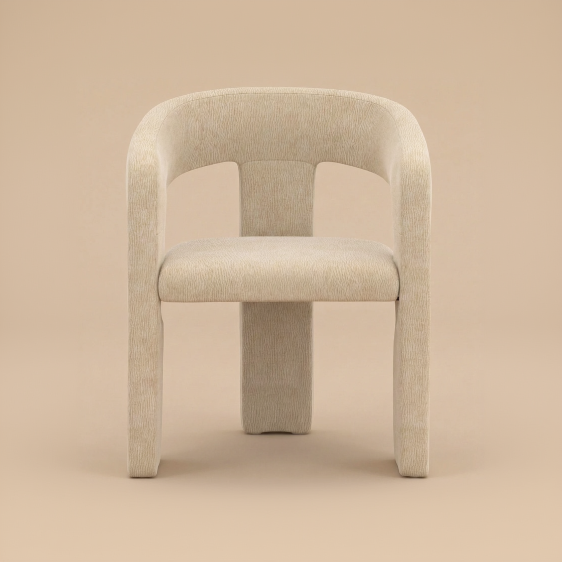 Full front view of the modern Archway dining chair featuring a curved back, thick seat, and textured beige upholstery