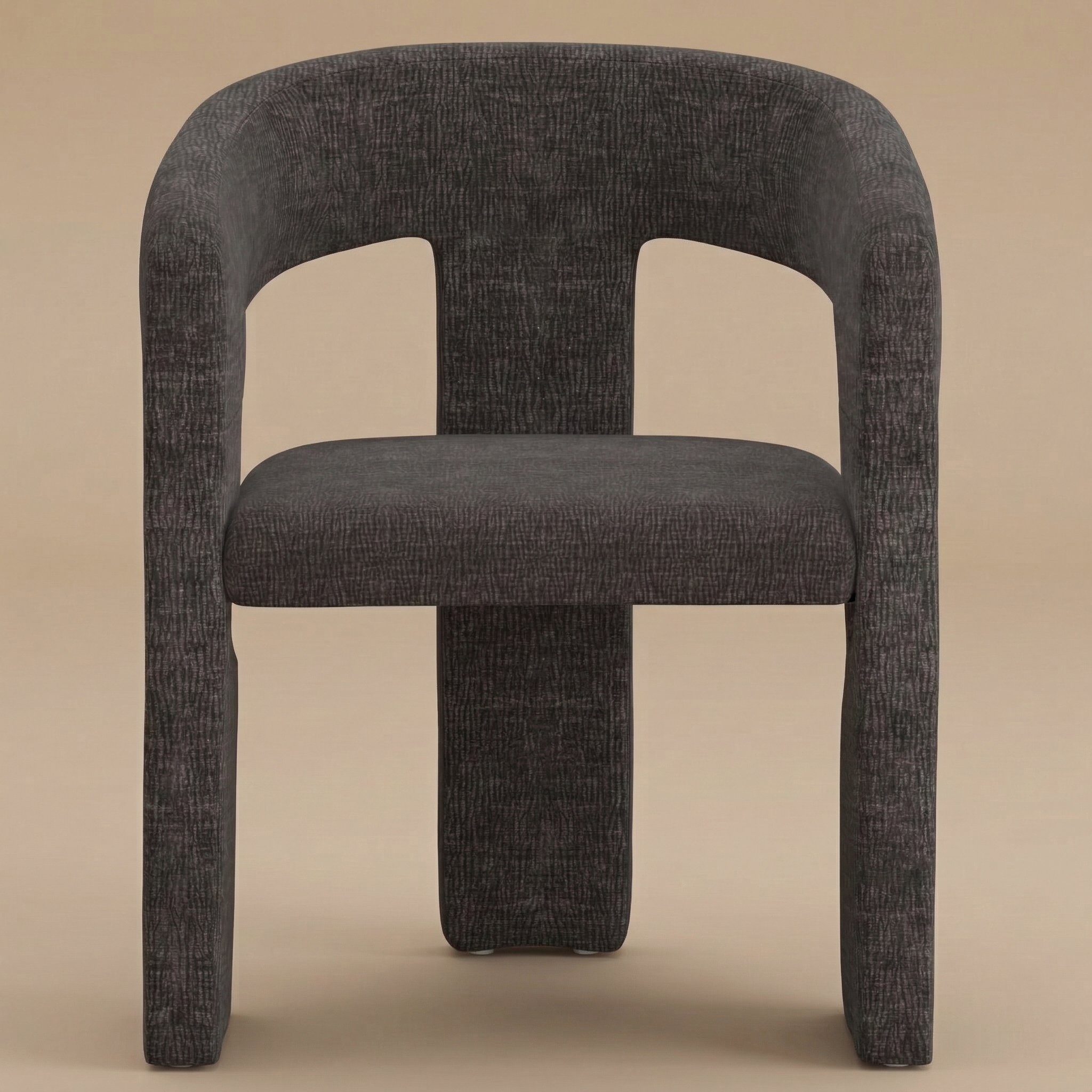 Full front view of the modern Archway dining chair featuring a curved back, thick seat, and textured dark grey charcoal upholstery.