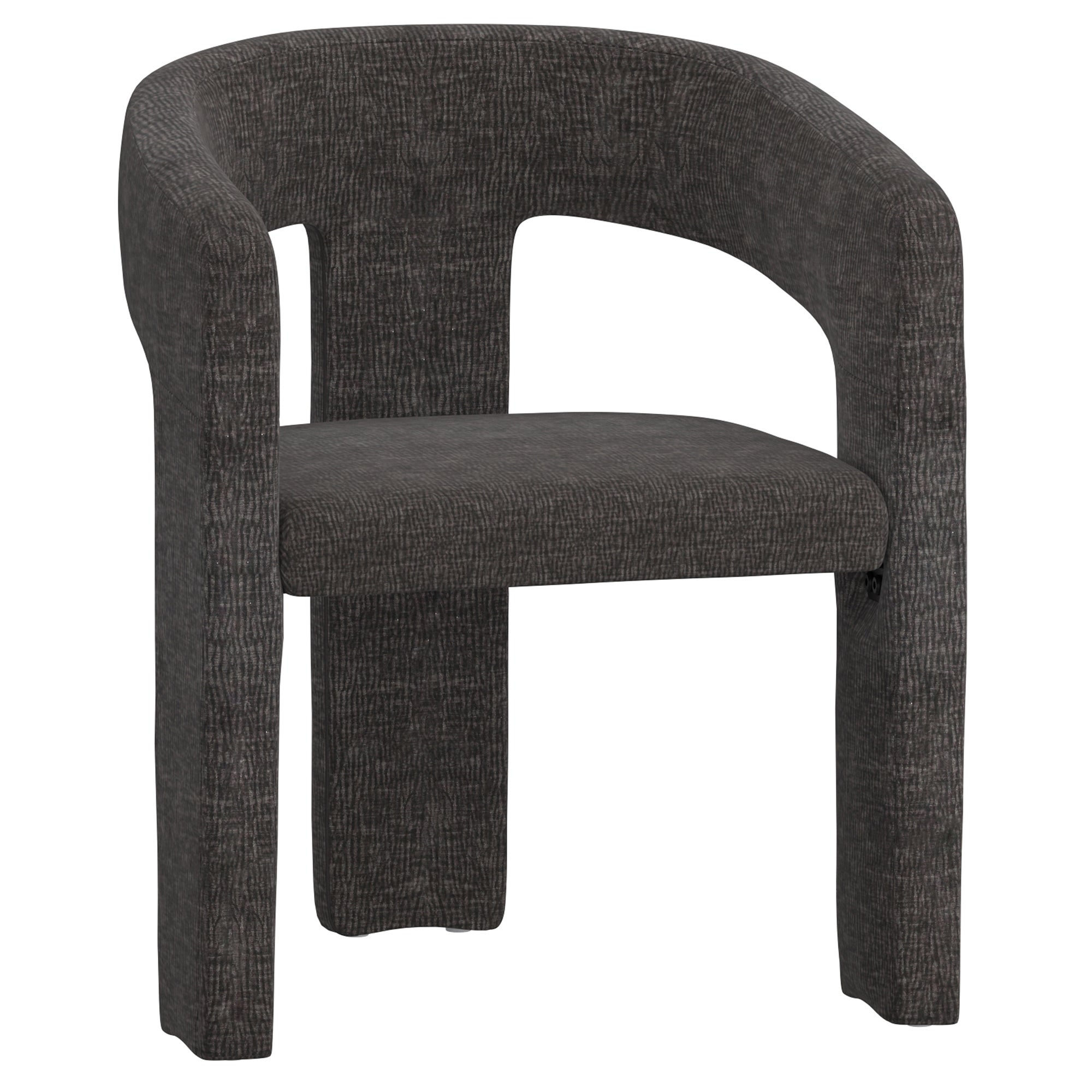 Angled view of the dark grey Archway dining chair highlighting its continuous curved armrest silhouette and textured charcoal fabric.