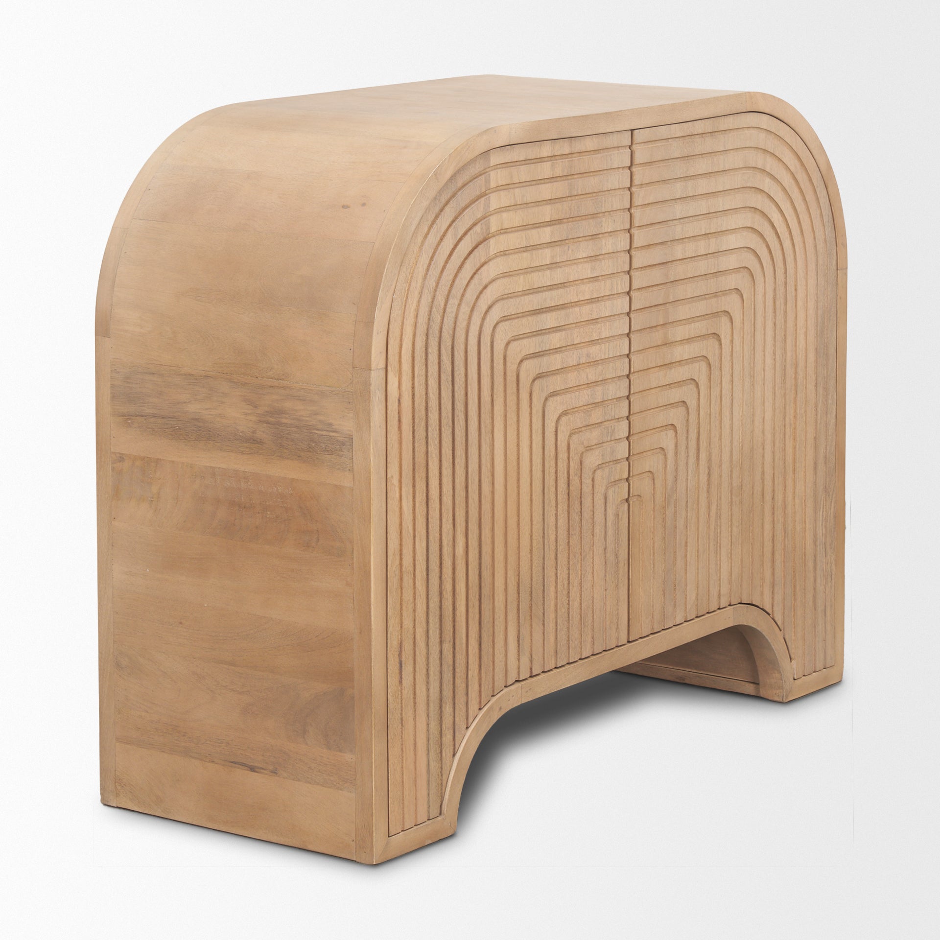 Side angle view of Arco accent cabinet showing the depth and geometric wood carving details.