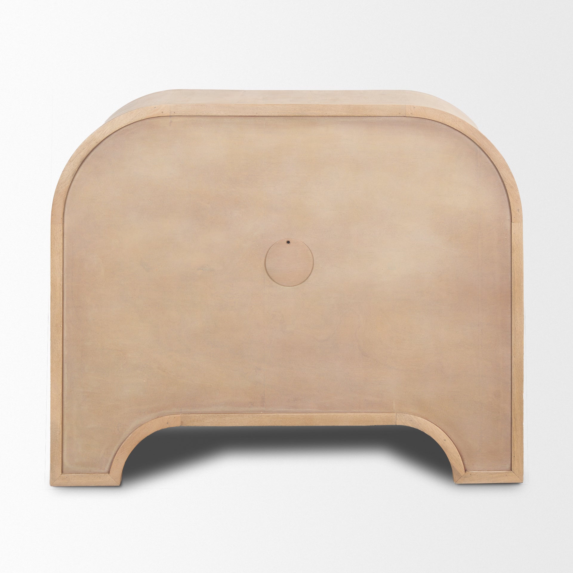 Back view of Arco cabinet showing clean finished wood paneling and circular cable management cutout.