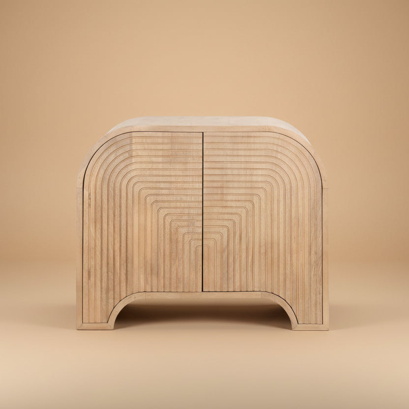 Arco Fluted Mango Wood Accent Cabinet featuring a geometric routed 2-door pattern and natural finish.