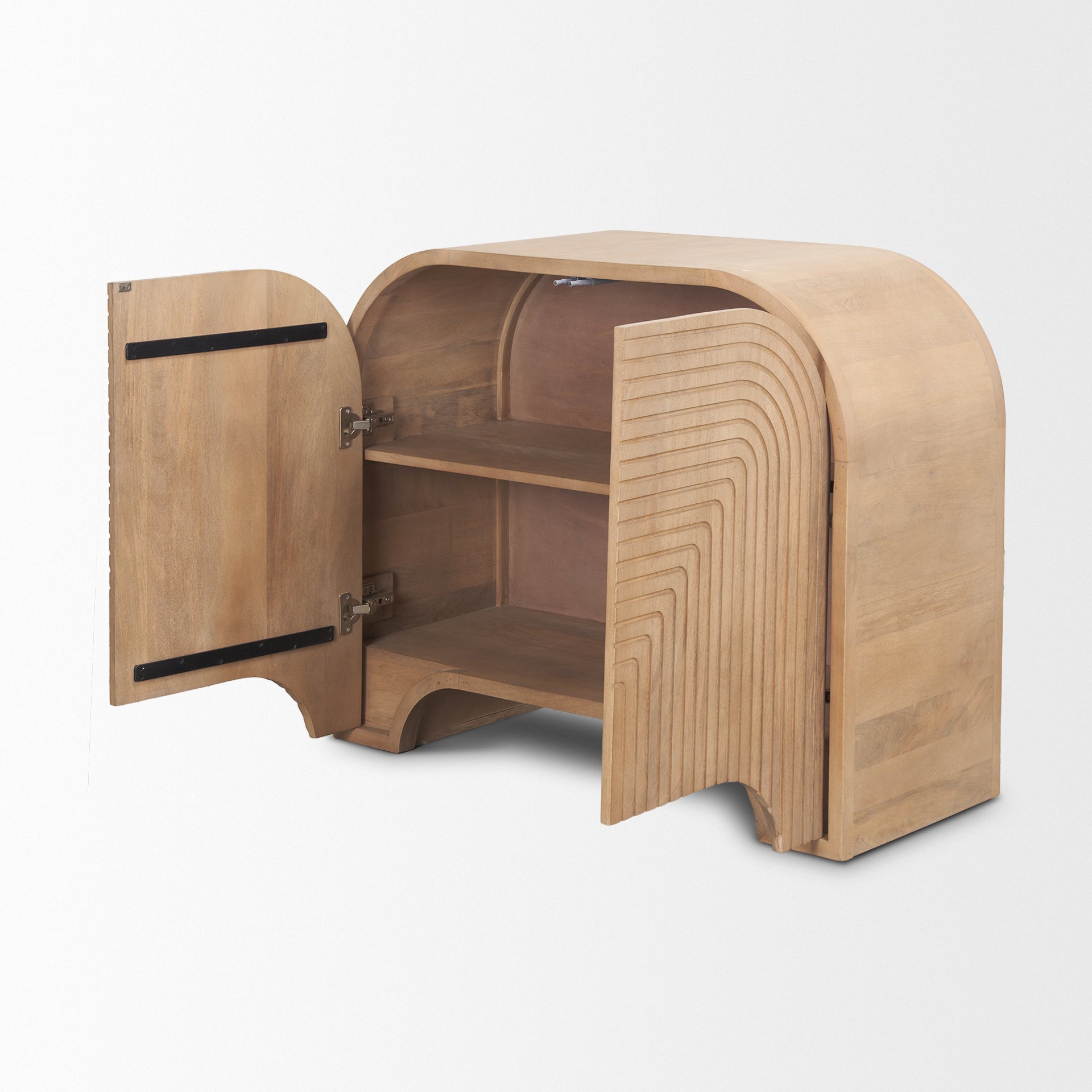 Arco accent cabinet with doors open displaying interior wooden storage shelf and metal hinges.