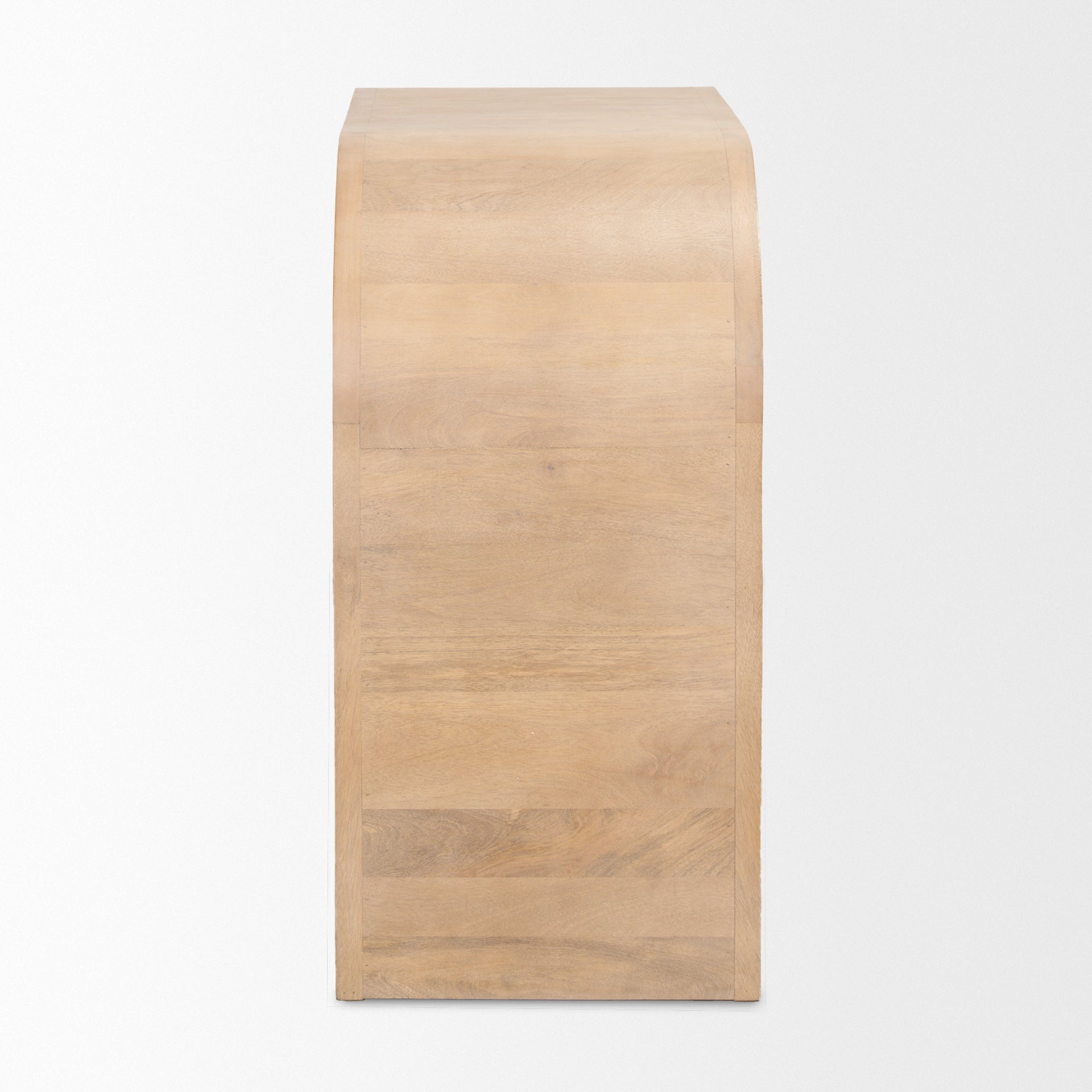 Side profile view of the Arco cabinet showing the smooth mango wood grain and waterfall curve.