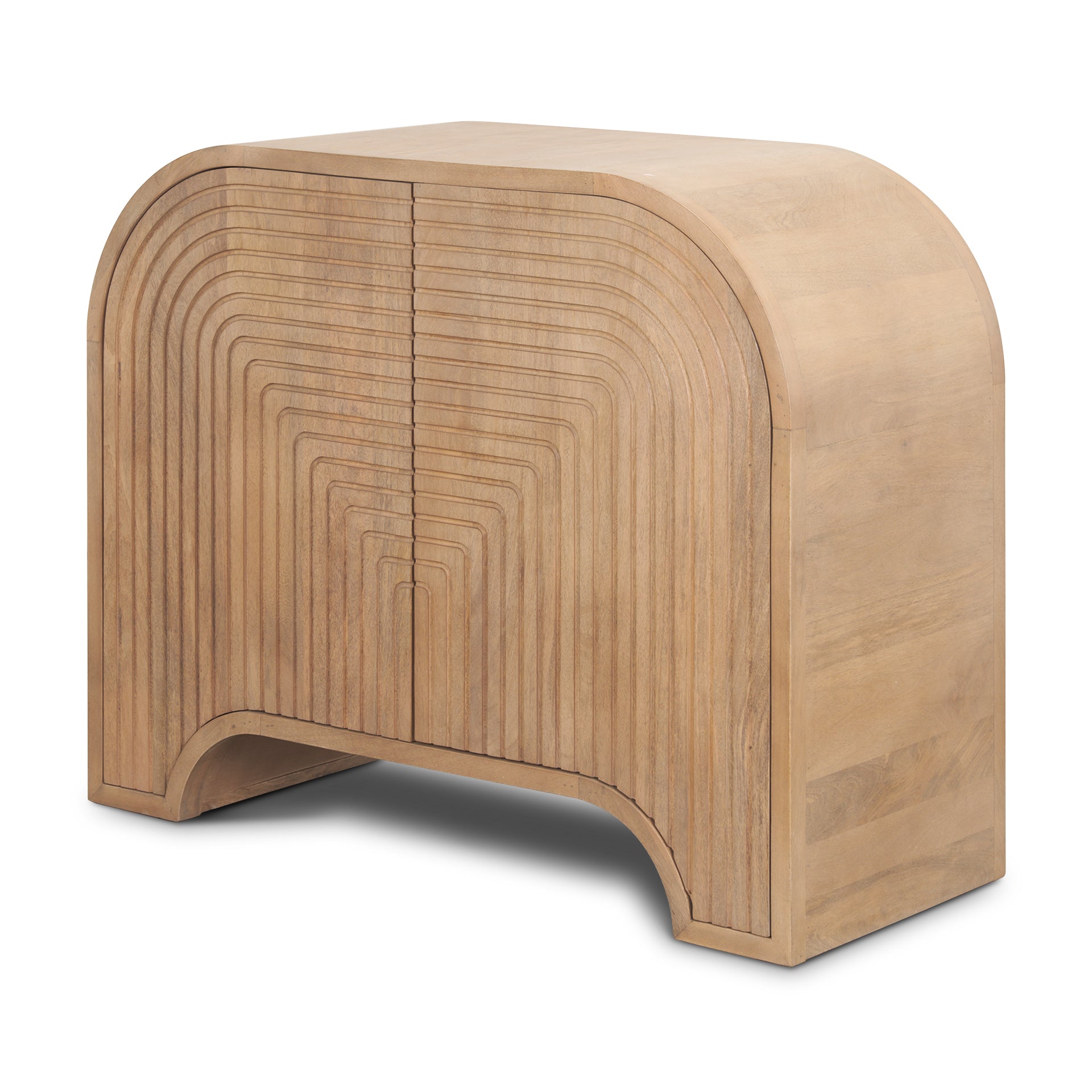 Angled view of Arco 2-door cabinet highlighting the seamless rounded waterfall edges and fluted texture.