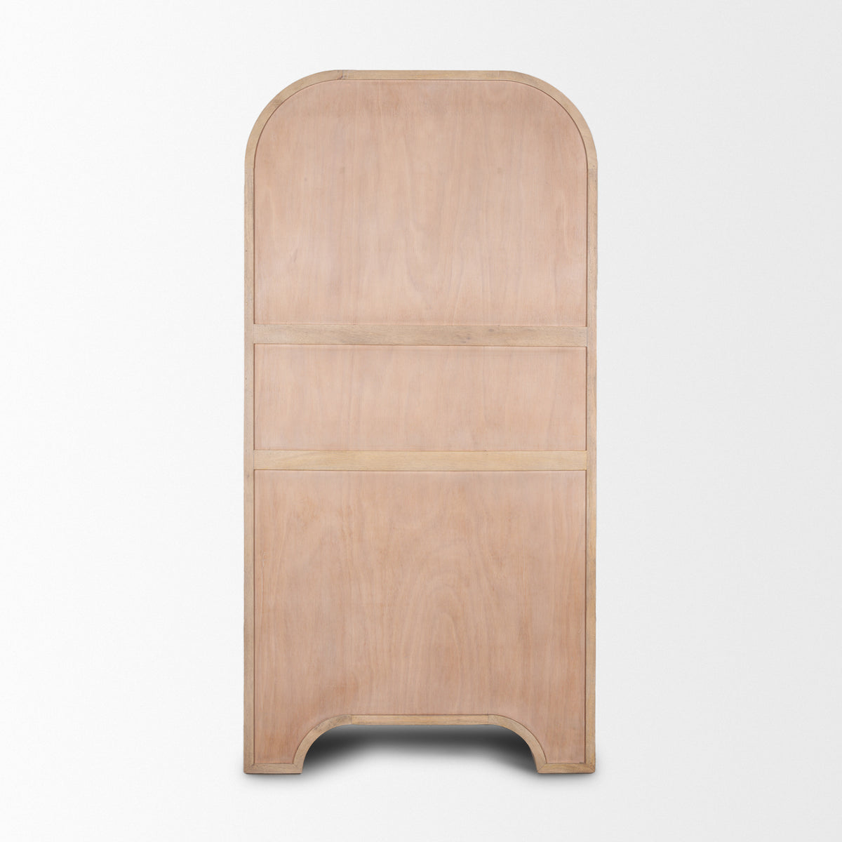 Back view of Arco tall cabinet showing clean finished wood paneling