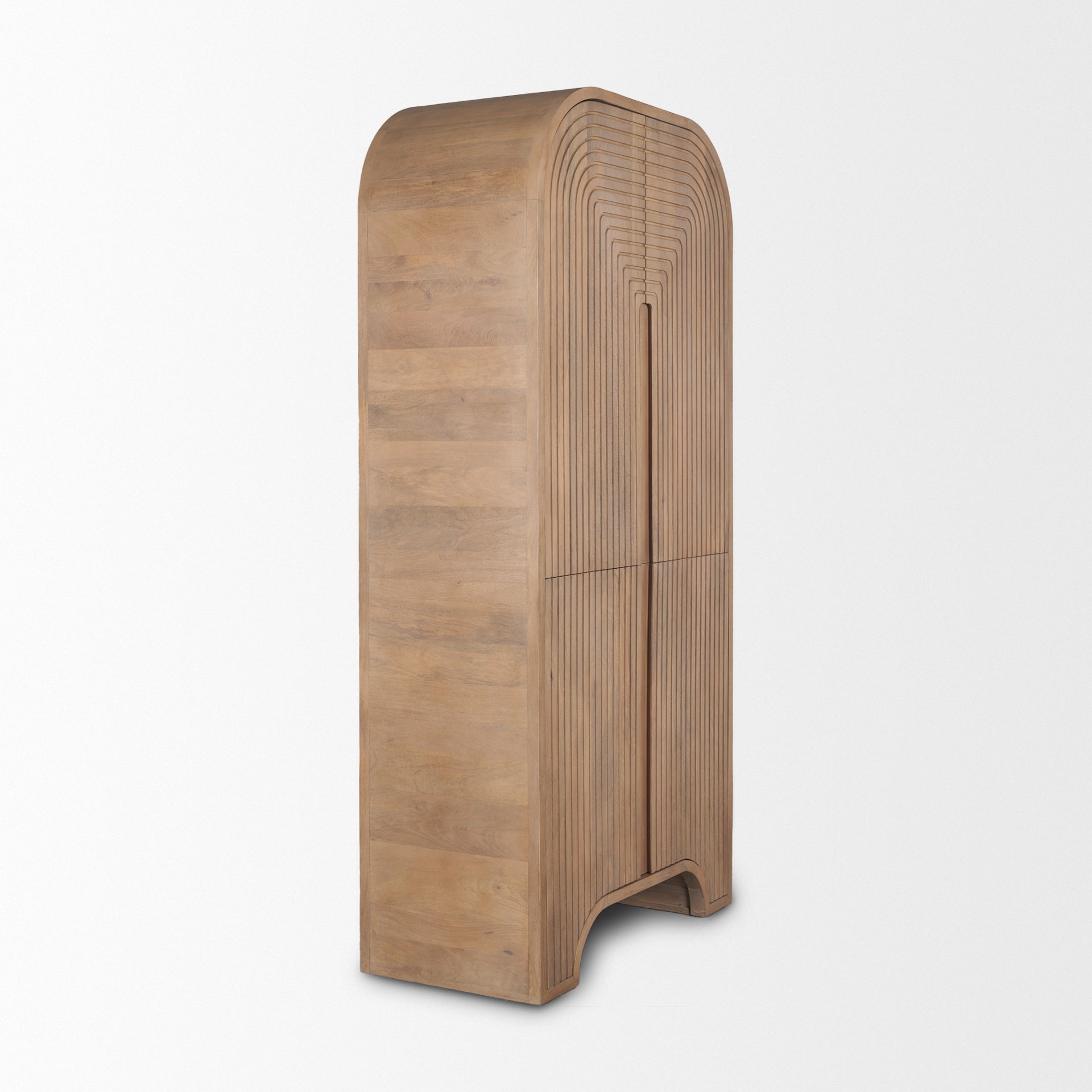 Side angle view of Arco tall storage cabinet showing the depth and geometric wood carving details.