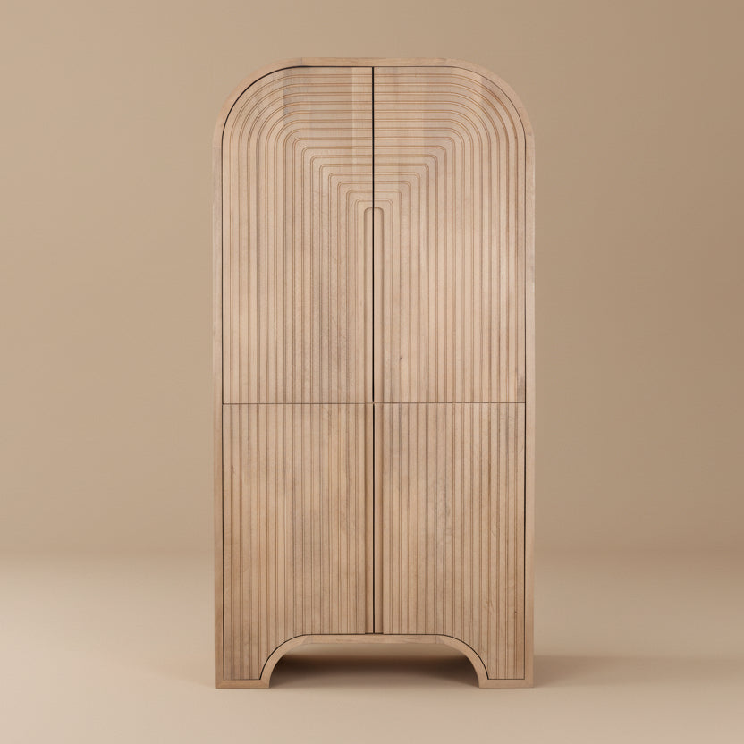 Arco Fluted Mango Wood Curio Cabinet featuring a tall geometric routed 2-door pattern and natural finish.
