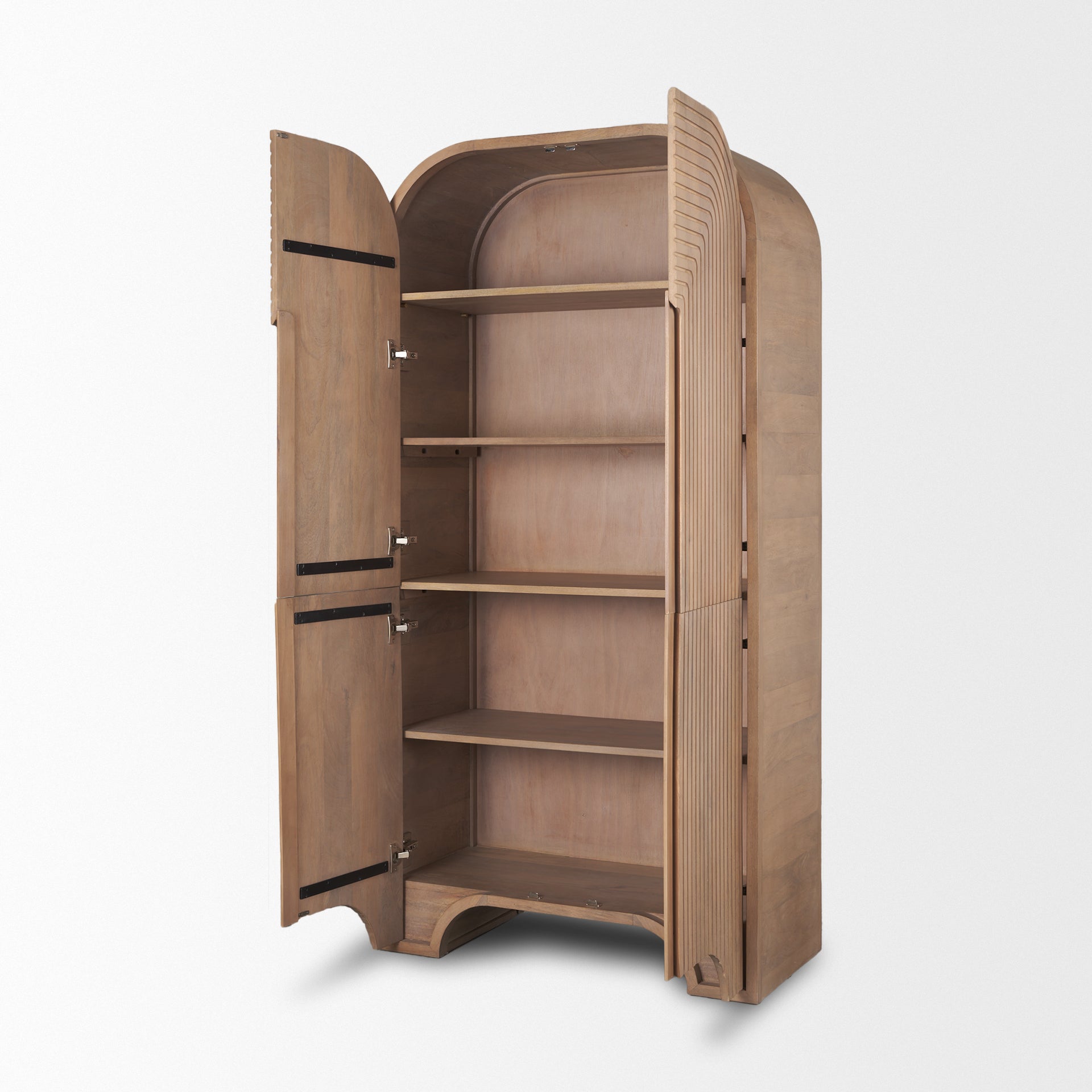 Arco curio cabinet with doors open displaying four spacious wooden storage shelves.