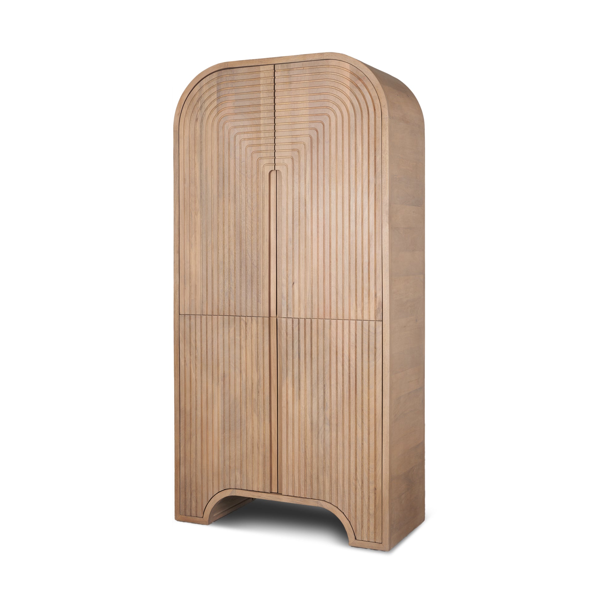 Angled view of tall Arco curio cabinet highlighting the seamless rounded waterfall edges and fluted texture.