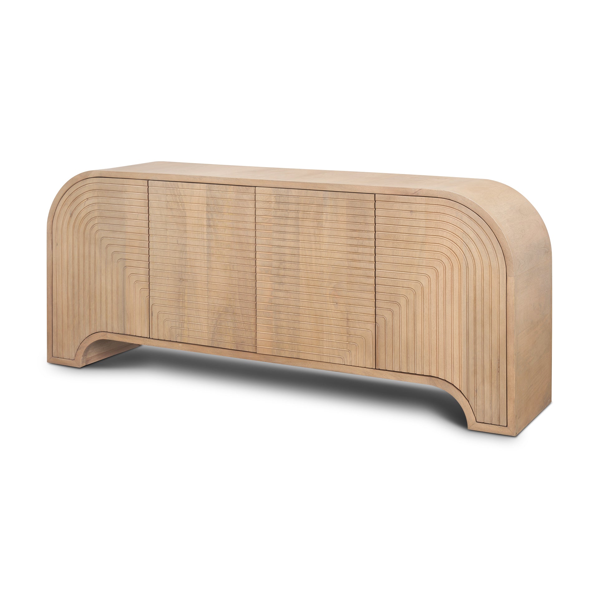 Angled view of Arco sideboard highlighting the seamless rounded waterfall edges and fluted texture.