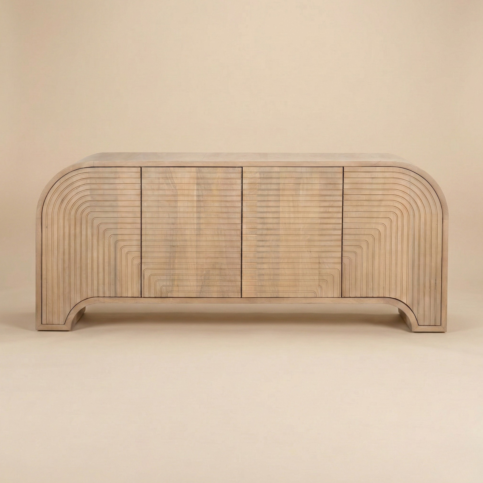 Arco Fluted Mango Wood Sideboard featuring a geometric routed door pattern and natural wood finish.