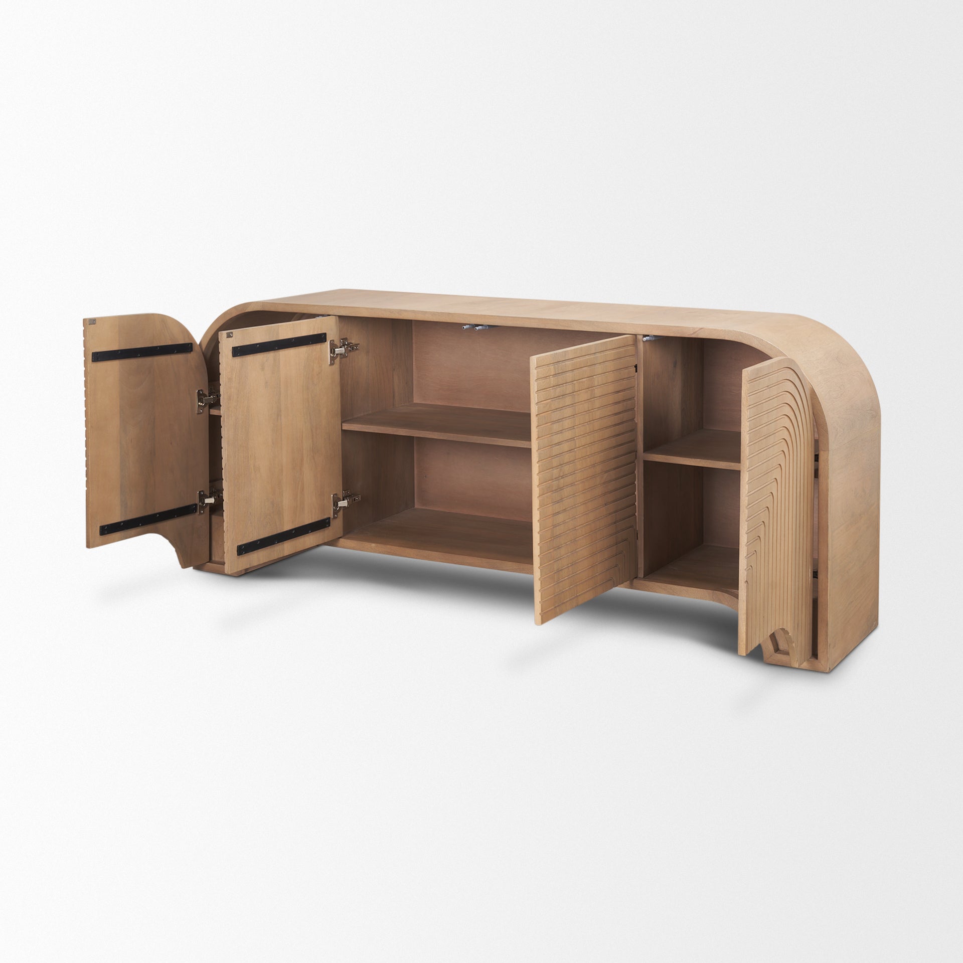 Arco sideboard with doors open displaying spacious interior storage compartments and wooden shelves.